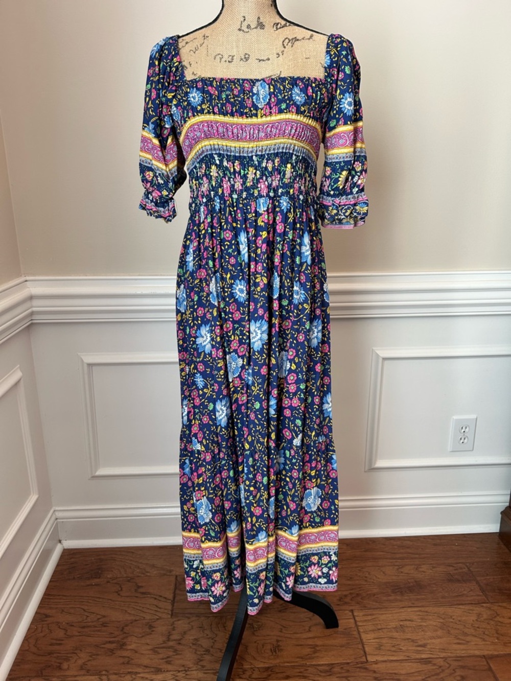 Boho Floral Smocked Maxi Dress in Navy and Pink